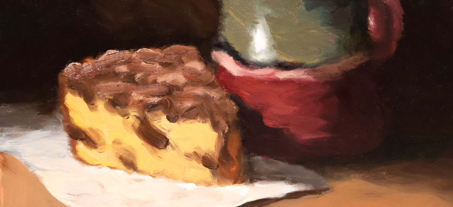 painting of coffee cake with mug